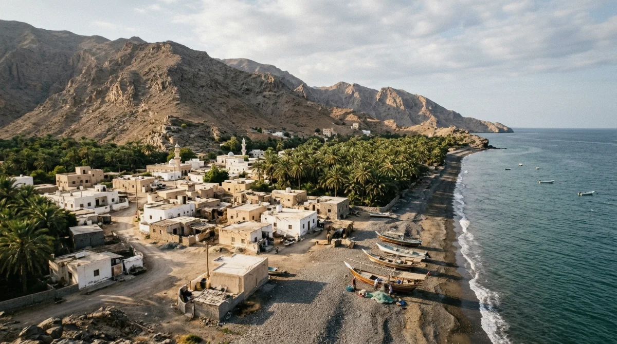 Tiwi village and its beach between the hills and the sea, a quiet base for a Wadi Shab trip in Oman